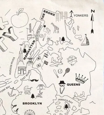 Crop of the Map Tote illustration showing the Bronx, Manhattan, Queens, and Brooklyn with local landmarks