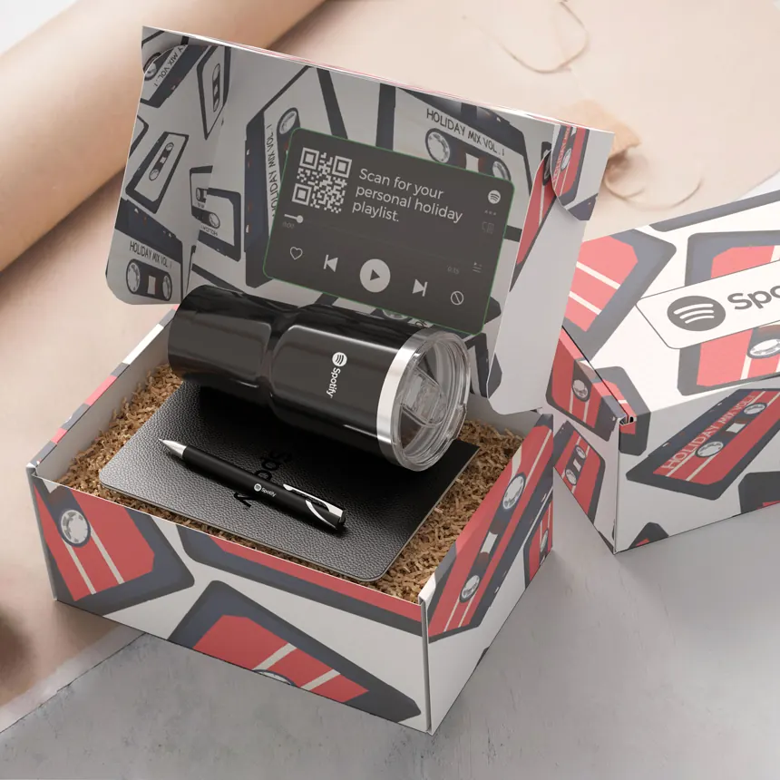 A beautifully branded merch kit filled with trending swag and personalized details. 